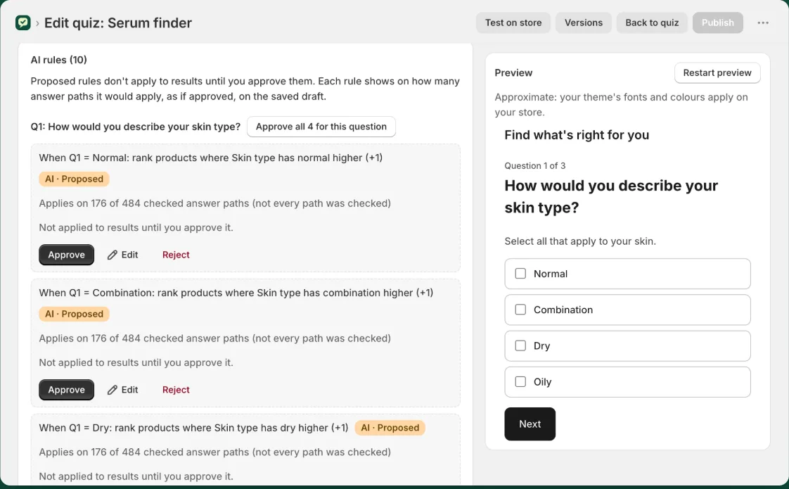 AI-drafted quiz rules waiting for approval, next to a live preview of the quiz