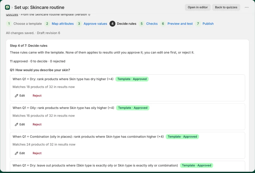 Quiz setup at the Decide rules step: each rule approved, with how many products it matches