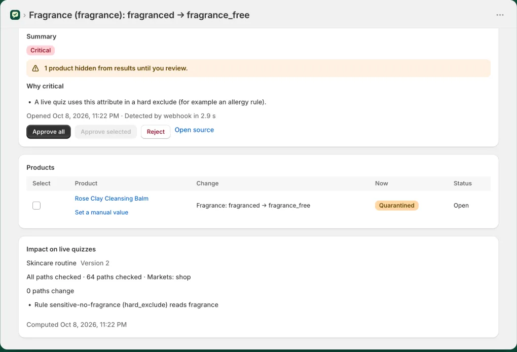 Change review: a product's fragrance value changed, marked Critical, with the product hidden from results until review