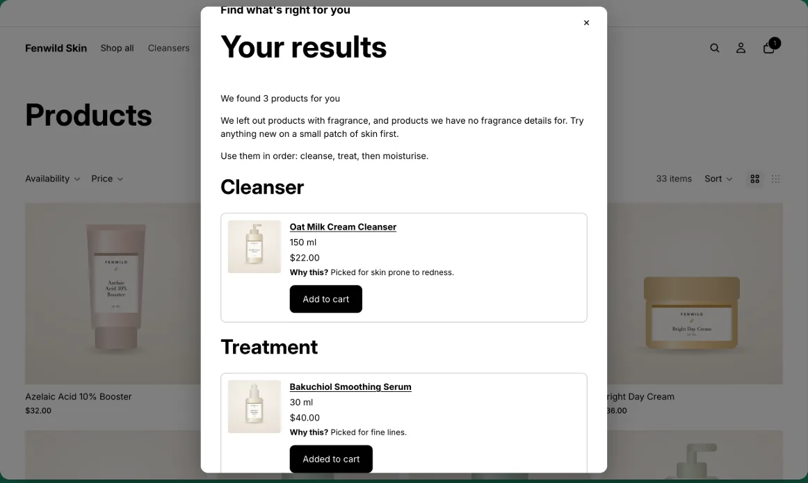 Quiz results with two recommended products, their prices and Add to cart buttons