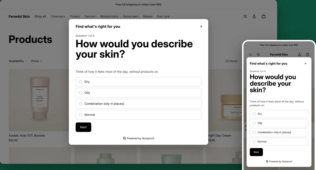 A product quiz popup on a store's theme, on desktop and on a phone